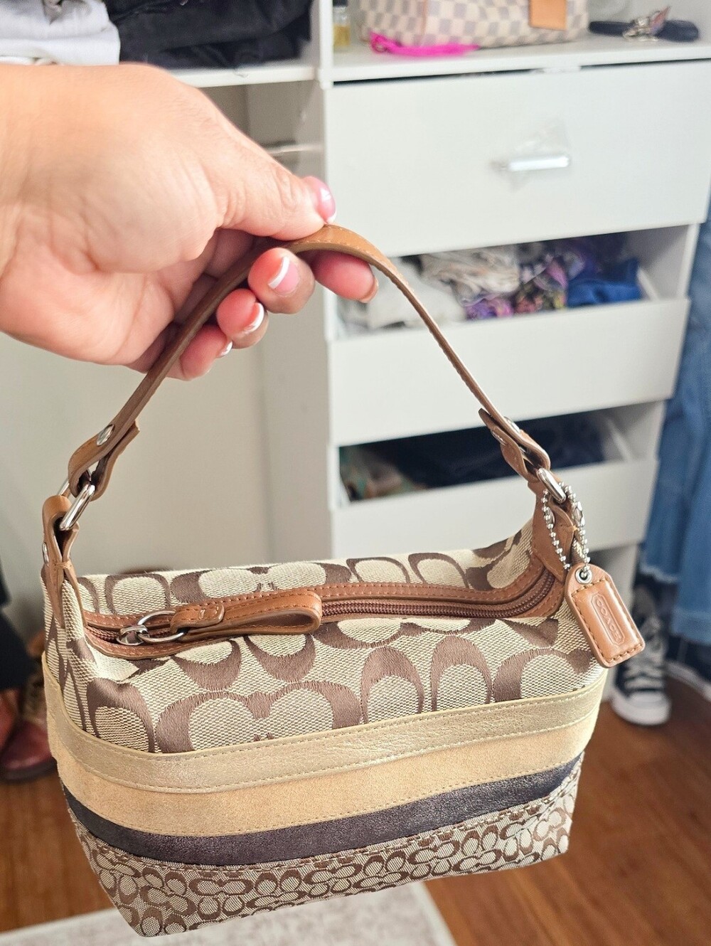 Coach Brown & Tan Signature Stripe Patchwork Mini Hand Bag.